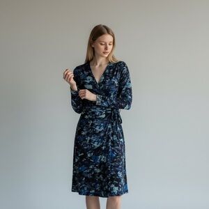 BCBGMaxAzria Floral Long Sleeve Wrap Dress - Blue and Black